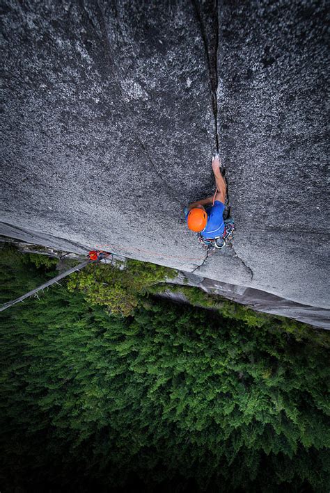 Man Crack Rock Climbing In Squamish View From Top Exposed Multipitch