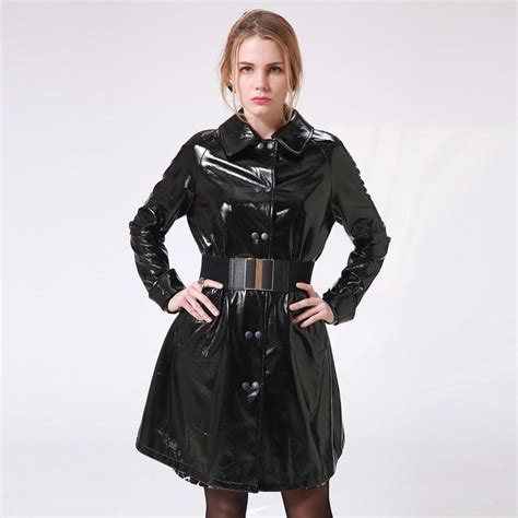 Womens Medium Length Trendy Black Leatherette Jacket With Belt