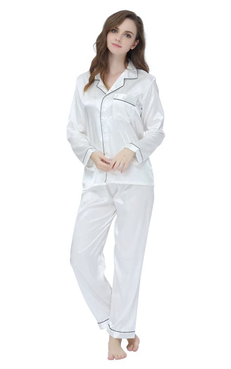 women s silk satin pajama set long sleeve white with black piping tony and candice
