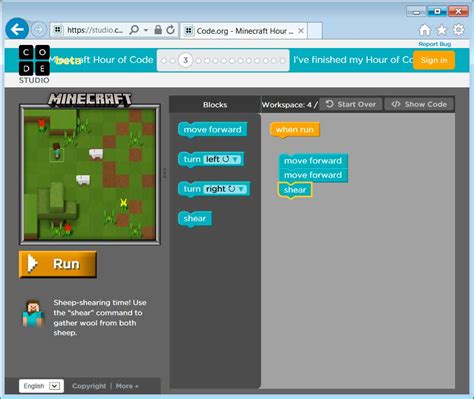 Meaning that potential learners will use blockly to give instructions to one of two characters of their choice steve (male) or alex (female) so that they can perform increasingly difficult tasks over the course of 14 levels in an interface visually. Code.org and Microsoft partner for a Minecraft Hour of Code