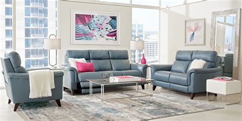 Cindy Crawford Home Avezzano Blue 3 Pc Leather Living Room With Dual