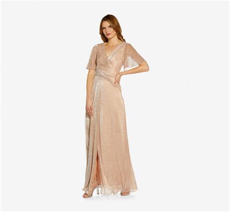 Metallic Mesh Draped Gown Rose Gold Adrianna Papell Womens Long