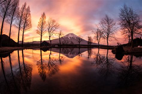 House Reflection Rock Snowy Peak Japan Landscape Lake Mountains