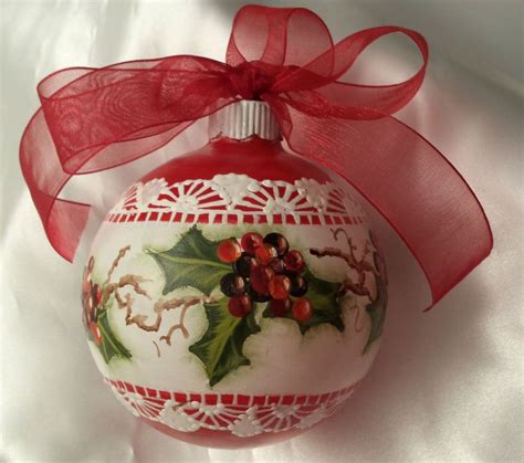Hand Painted Christmas Ornament Cottage Chic Red Holly Berries Lace Hp