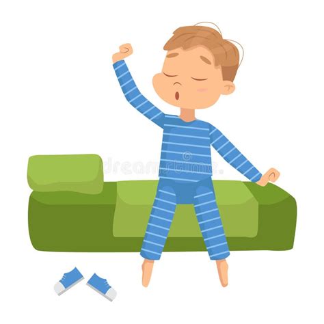 Niño Lindo En Pijamas Despertando Y Retransmitiendo En Una Ilustración