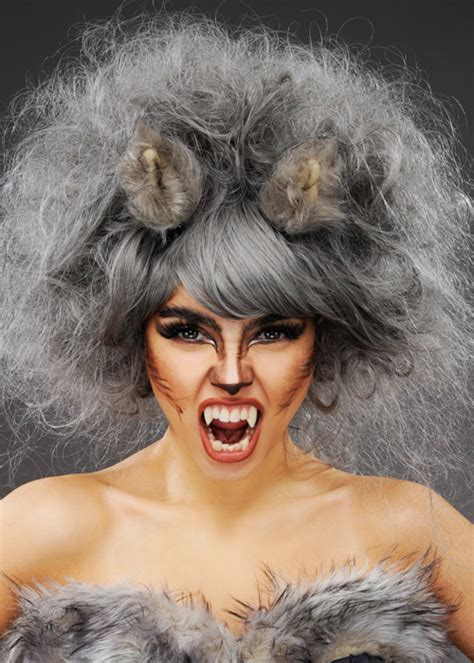 Womens Deluxe Grey Wolf Wig With Fluffy Ears