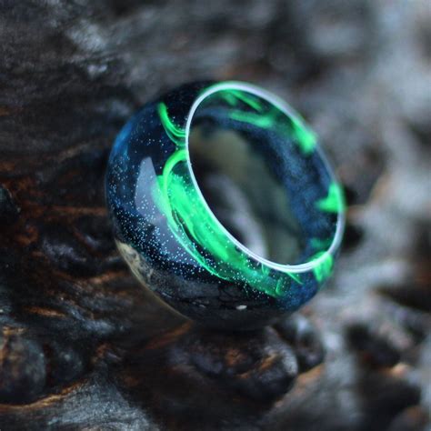 Wood Resin Ring Polar Night Green Secret Of Wood Rings Magic Tiny Landscape Eco Epoxy Ring Resin