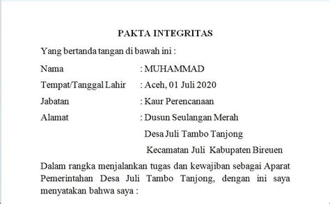 Integrity pact) adalah pernyataan atau janji kepada diri sendiri tentang komitmen melaksanakan seluruh tugas, fungsi, tanggung jawab. Download Contoh Pakta Integritas Perangkat Desa Terbaru ...