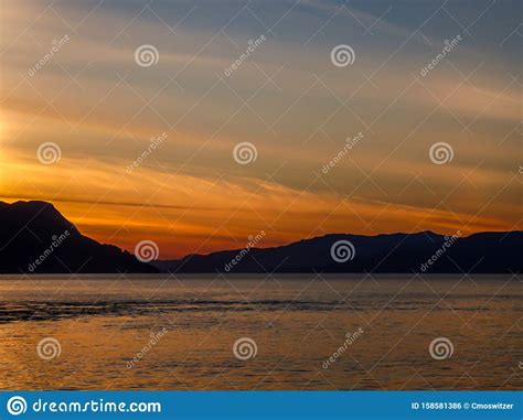 Norway Sunset Over The Fjords Stock Photo Image Of Lofoten Orange