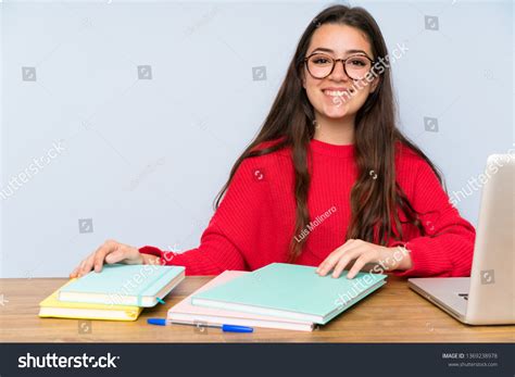 Happy Teenager Student Girl Studying Table Stock Photo 1369238978