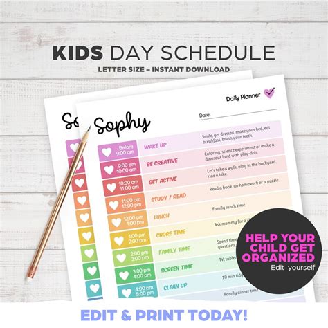Daily Planner For Kids Day Hourly Schedule Editable Etsy