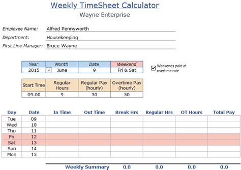 Excel Timesheet Calculator Template Free Download