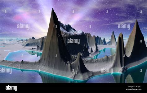 Island With Tall Mountains With Purple Sky 3d Computer Generated Sci Fi
