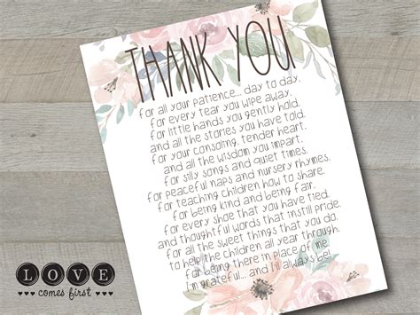 A Parents Thank You Letter To A Teacher Printable Etsy