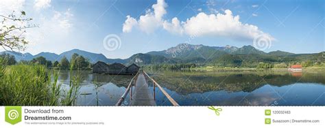 Pictorial Panorama Landscape Lake Kochelsee With Boathouses And Stock