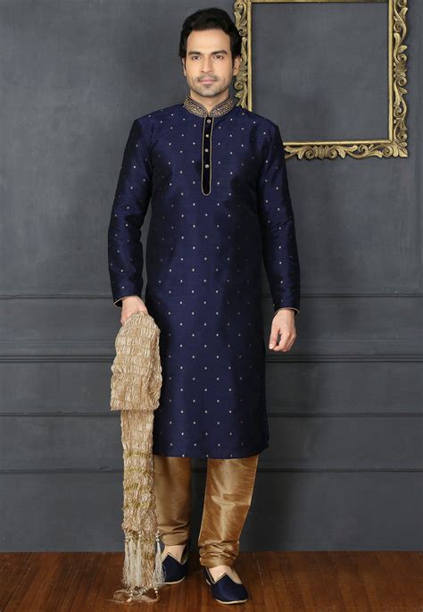 Skavij men's tunic cotton long kurta indian casual button down shirt. Hand Embroidered Art Silk Jacquard Kurta Set in Navy Blue ...