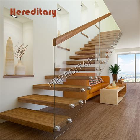 Indoor Tempered Glass Baluster Stairs With Solid Wood Tread Floating