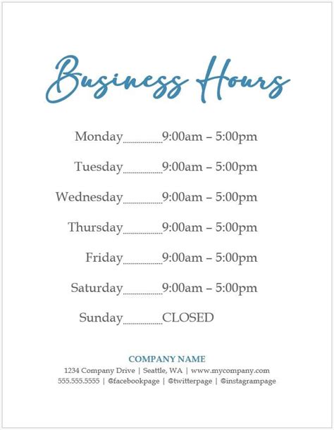Business Hours Sign Printable Template Hours Of Operation Etsy
