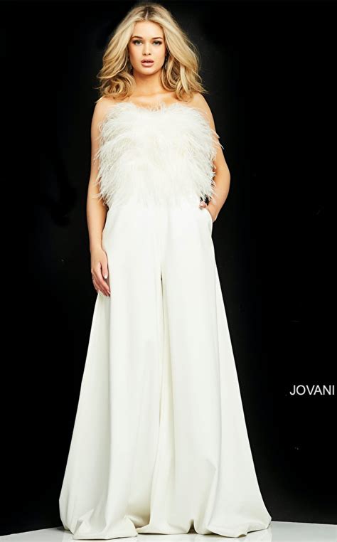 jovani 1542 blush strapless feather bodice flared jumpsuit