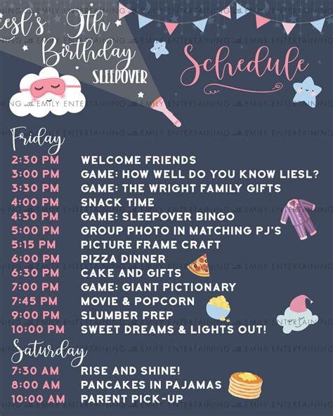 Custom Birthday Party Sleepover Schedule 16x20 Digital Printable Pdf