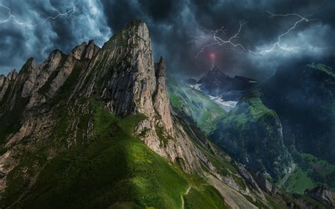 Mountain Lightning Nature Landscape Clouds Storm Path