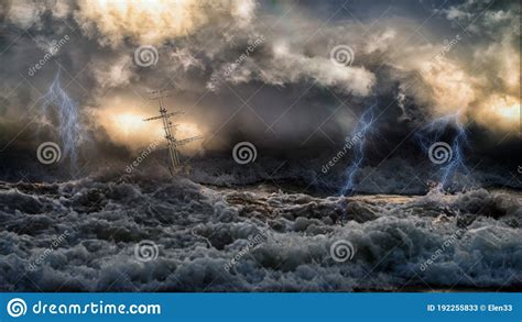 Silhouette Of Sailing Old Ship In Stormy Sea With Lightning Bolts And