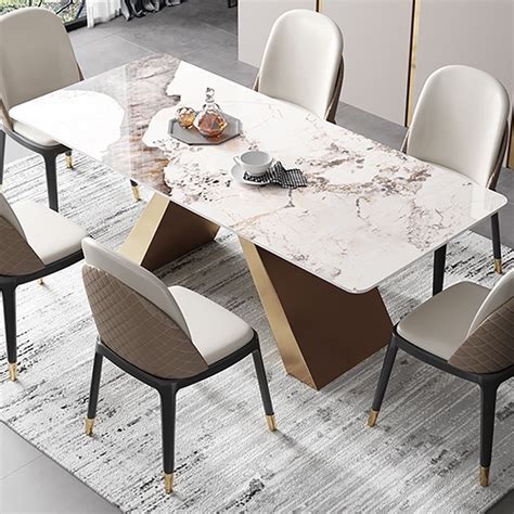 63 Contemporary White Rectangular Sintered Stone Dining Table Gold X