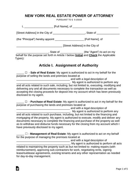 Free New York Real Estate Power Of Attorney Form Pdf Word Eforms