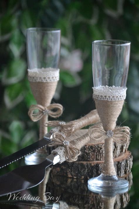 Rustic Wedding Champagne Flutes And Serving Set Country Etsy