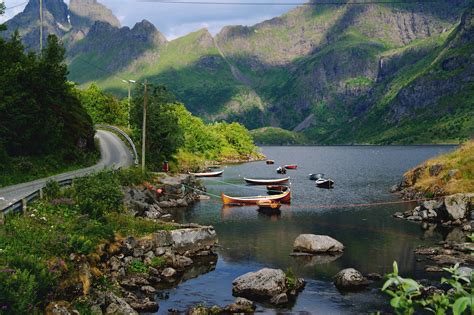 Norway Mountains Lake Roads Boats Stones Scenery Nordland Fylke Nature