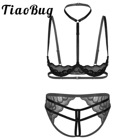 Womens Sheer Lace Lingerie Suit Unlined Bra Tops With Crotchless Briefs Panties Fast Worldwide