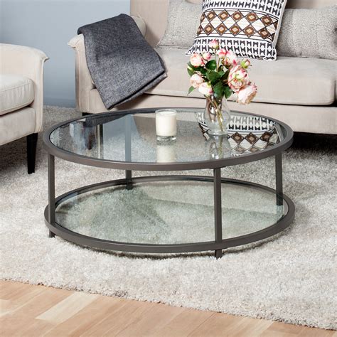 Black Finish Glass 2 Tier Modern Round Coffee Table Home Living Room