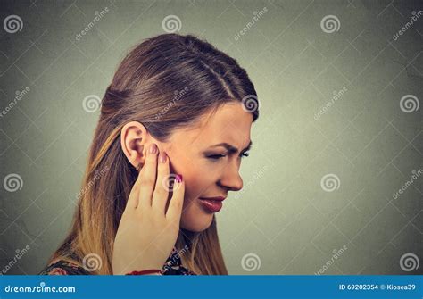Tinnitus Sick Young Woman Having Ear Pain Touching Her Painful Head