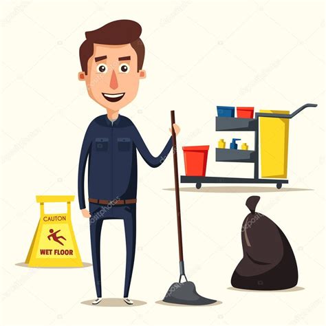 Cleaning Staff Character With Equipment Cartoon Vector Illustration
