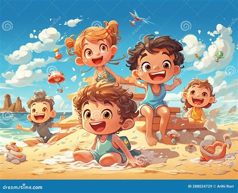 Group Of Kids Having Fun On Beach Illustration Stock Illustration