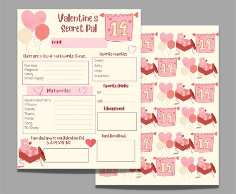 Valentines Day Secret Pal Questionnaire Printable T Exchange Wish