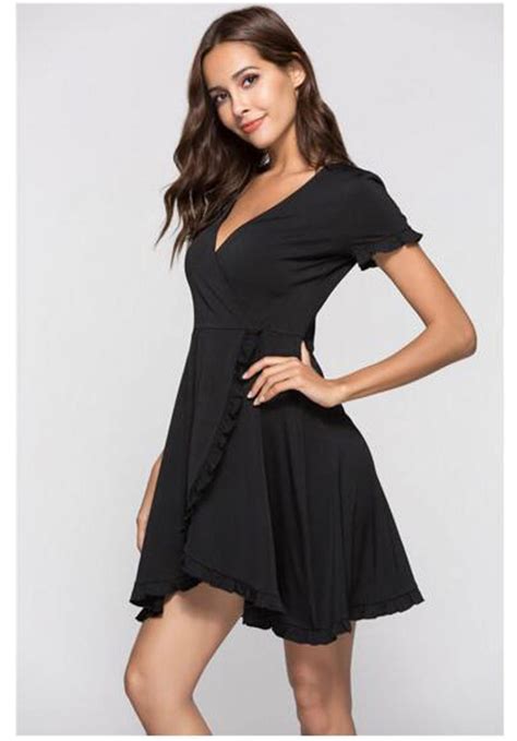 Short Sleeves Low V Neck Wrap Ruffle Short Dress Black Uk Size 10 12
