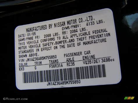 2005 Nissan 350z Color Codes