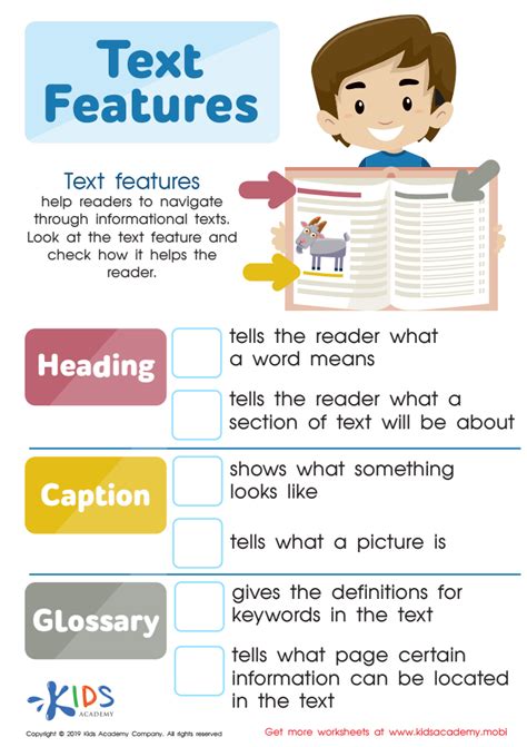 Text Features Learning Worksheet For Kids