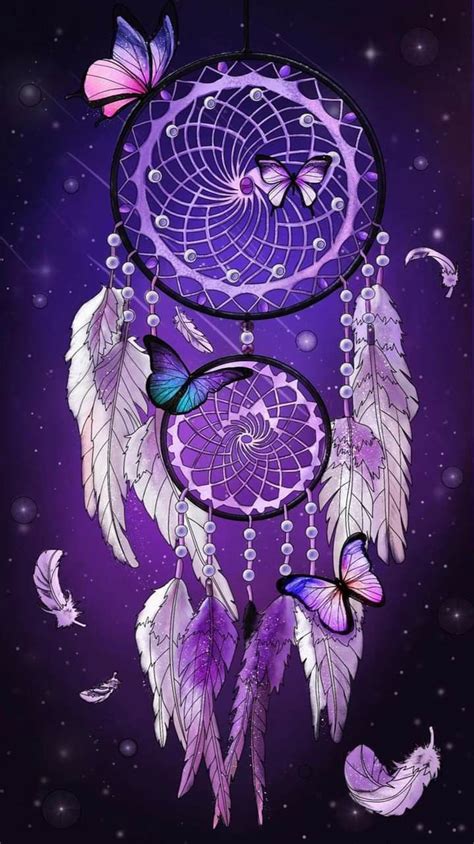 A Purple Dream Catcher With Butterflies On It And Stars In The Night