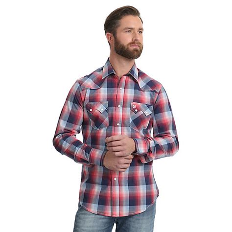 Mens Wrangler Retro Long Sleeve Sawtooth Snap Pocket Plaid Shirt