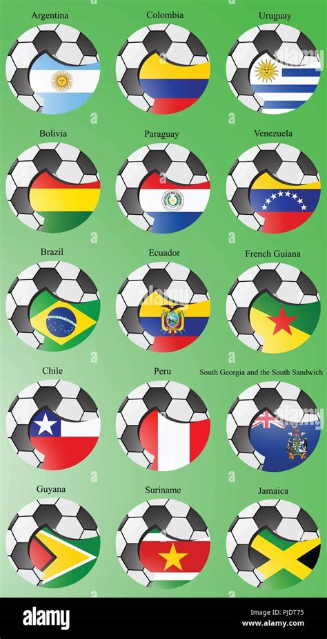 Set Of Icons Flags Of The South And Central America With Soccer Ball