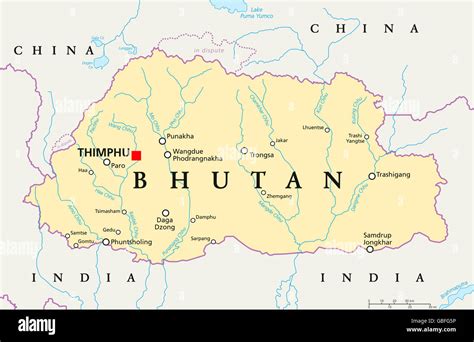 Bhutan Political Map With Capital Thimphu National Borders Important