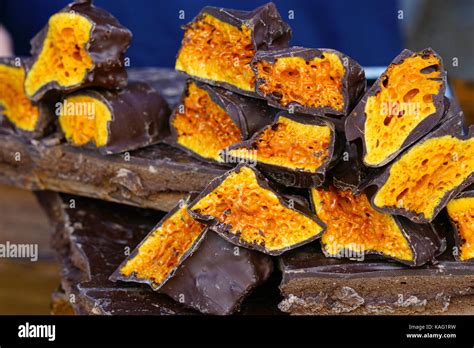 Crunchy Chocolate Covered Honeycomb Candy Stock Photo Alamy