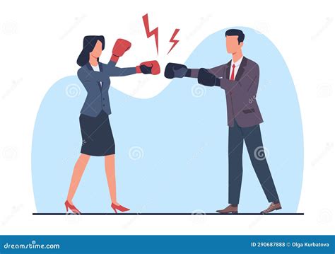 Businessman And Woman In Boxing Gloves Fighting Each Other Male And