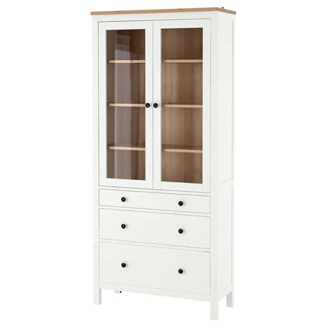 Hemnes Glass Door Cabinet With 3 Drawers White Stain Light Brown
