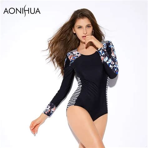 aonihua one piece women s swimsuit 2018 fashion printing padded slim long sleeve sexy women bath