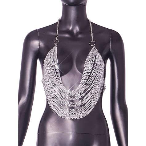 Metallic Backless Sparkle Sexy Halter Camisole Body Chain Disco Women S Deep V Party Club Top
