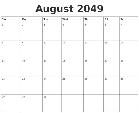 August 2049 Blank Monthly Calendar Pdf