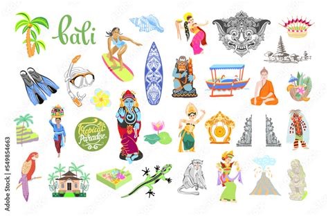 Set Of Bali Indonesia Traditional Symbols Element Balinese Flat Design Style Vector